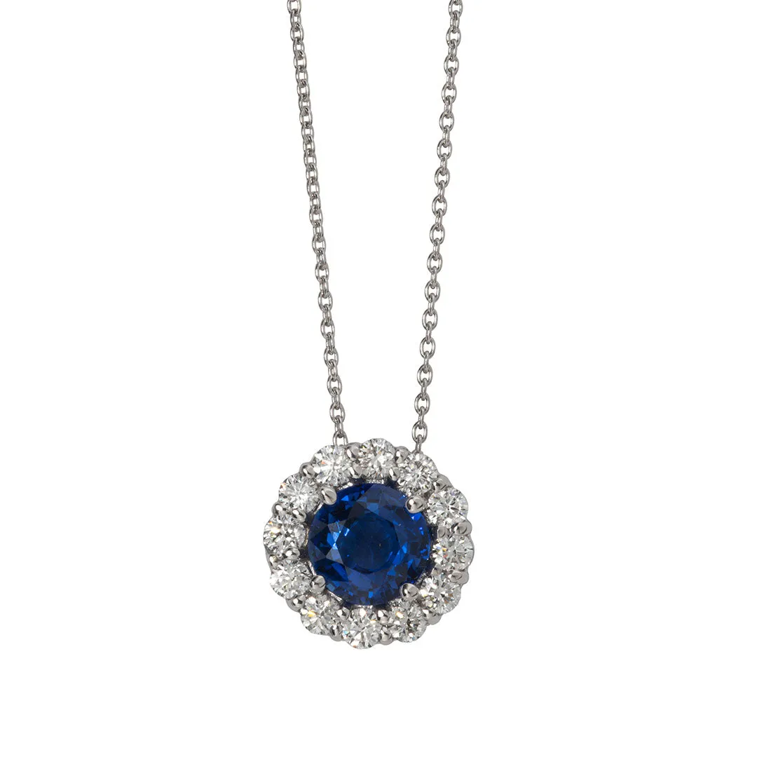 2ct Sapphire & Diamond Halo 18K White Gold Pendant Necklace