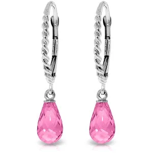 3 Carat 14K Solid White Gold Leverback Earrings Briolette Pink Topaz