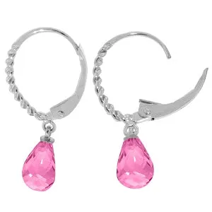 3 Carat 14K Solid White Gold Leverback Earrings Briolette Pink Topaz