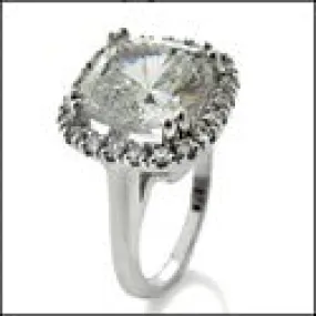 3.5 Cushion Cut Center Stone Halo Pave Cubic Zirconia Engagement Ring with Plain Shank 14K White Gold