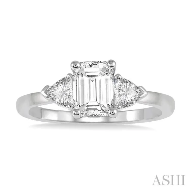 3/8 ctw Emerald and Triangle Cut Diamond Ladies Engagement Ring with 1/4 Ct Emerald Cut Center Stone in 14K White Gold