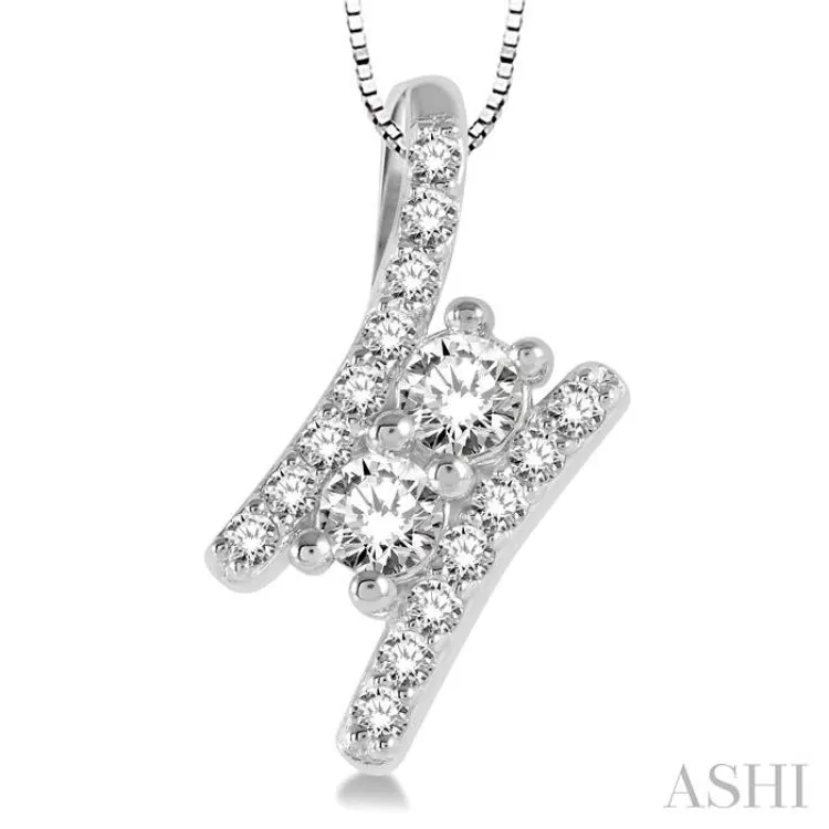 3/8 Ctw Twin Center Parallel Bar Round Cut Diamond 2Stone Pendant With Link Chain in 14K White Gold