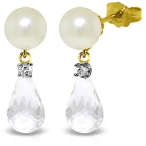 6.6 Carat 14K Solid Yellow Gold Stud Earrings Diamond, White Topaz Pearl