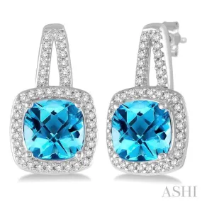 7x7 MM Cushion Cut Blue Topaz and 1/4 Ctw Round Cut Diamond Earrings in 10K White Gold