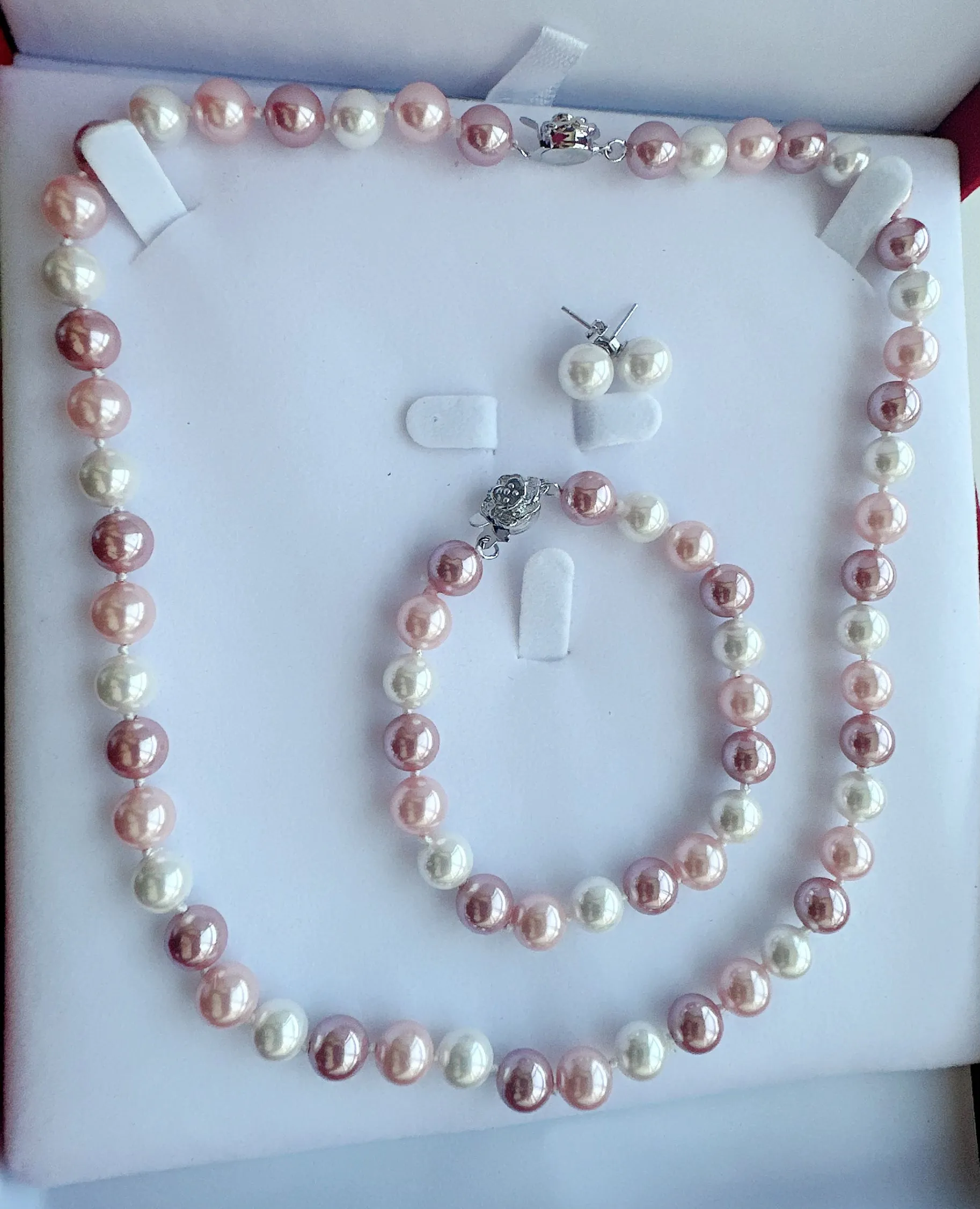 8mm Mother of Pearl Set of Earrings, Bracelet & Necklace with flower clasp