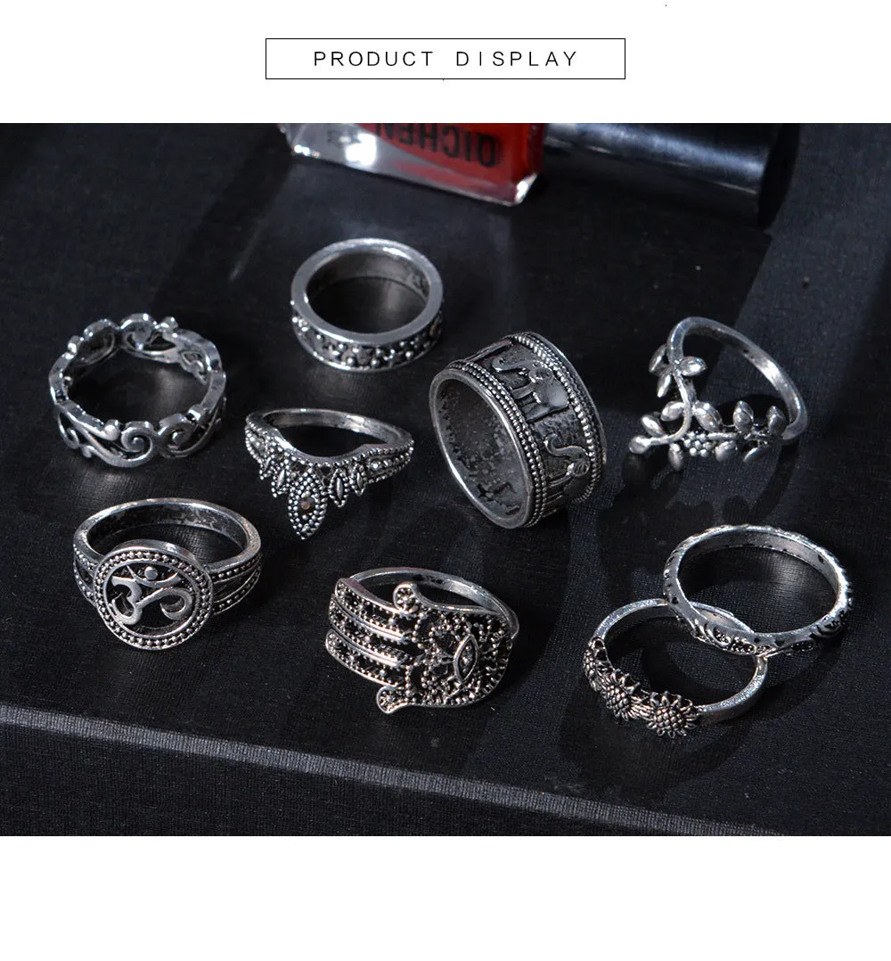 9 Piece Boho Silver Midi Ring Set