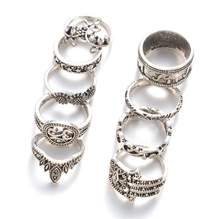 9 Piece Boho Silver Midi Ring Set