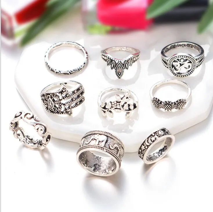 9 Piece Boho Silver Midi Ring Set