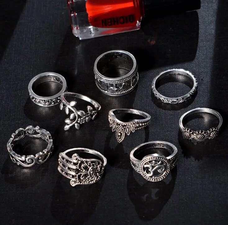 9 Piece Boho Silver Midi Ring Set