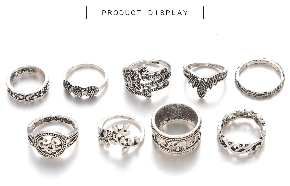 9 Piece Boho Silver Midi Ring Set