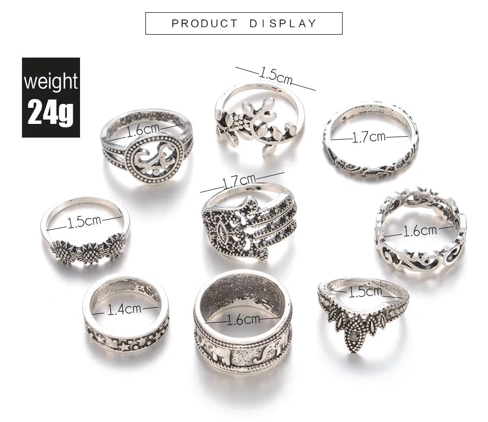 9 Piece Boho Silver Midi Ring Set