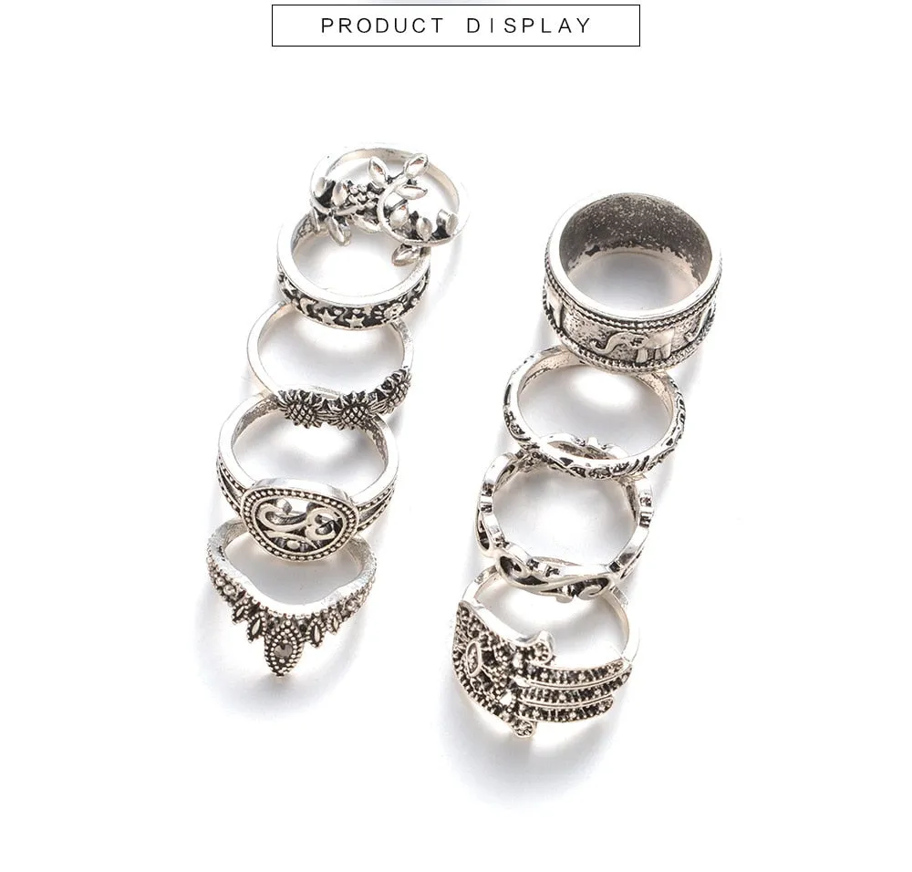 9 Piece Boho Silver Midi Ring Set