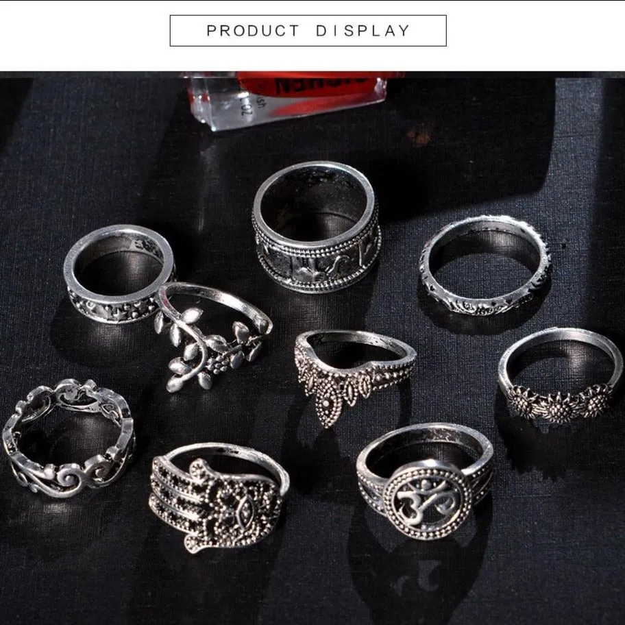 9 Piece Boho Silver Midi Ring Set