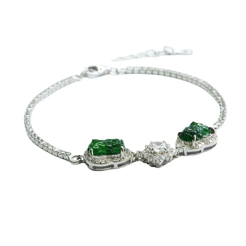 925 Silver Bracelet with Natural Green Jade Pixiu Inlay