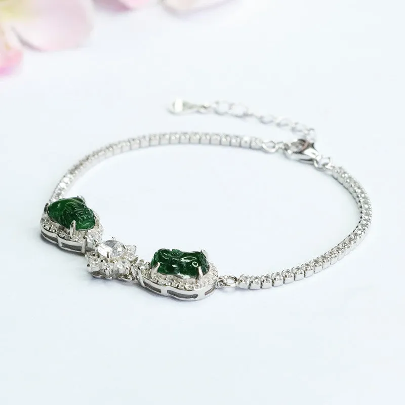 925 Silver Bracelet with Natural Green Jade Pixiu Inlay