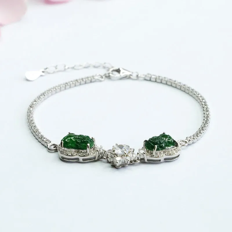 925 Silver Bracelet with Natural Green Jade Pixiu Inlay