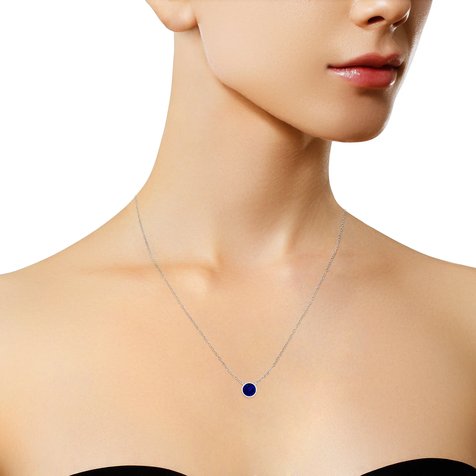 .925 Sterling Silver 2.5mm Lab Grown Cobalt Blue Sapphire Solitaire Bezel Necklace