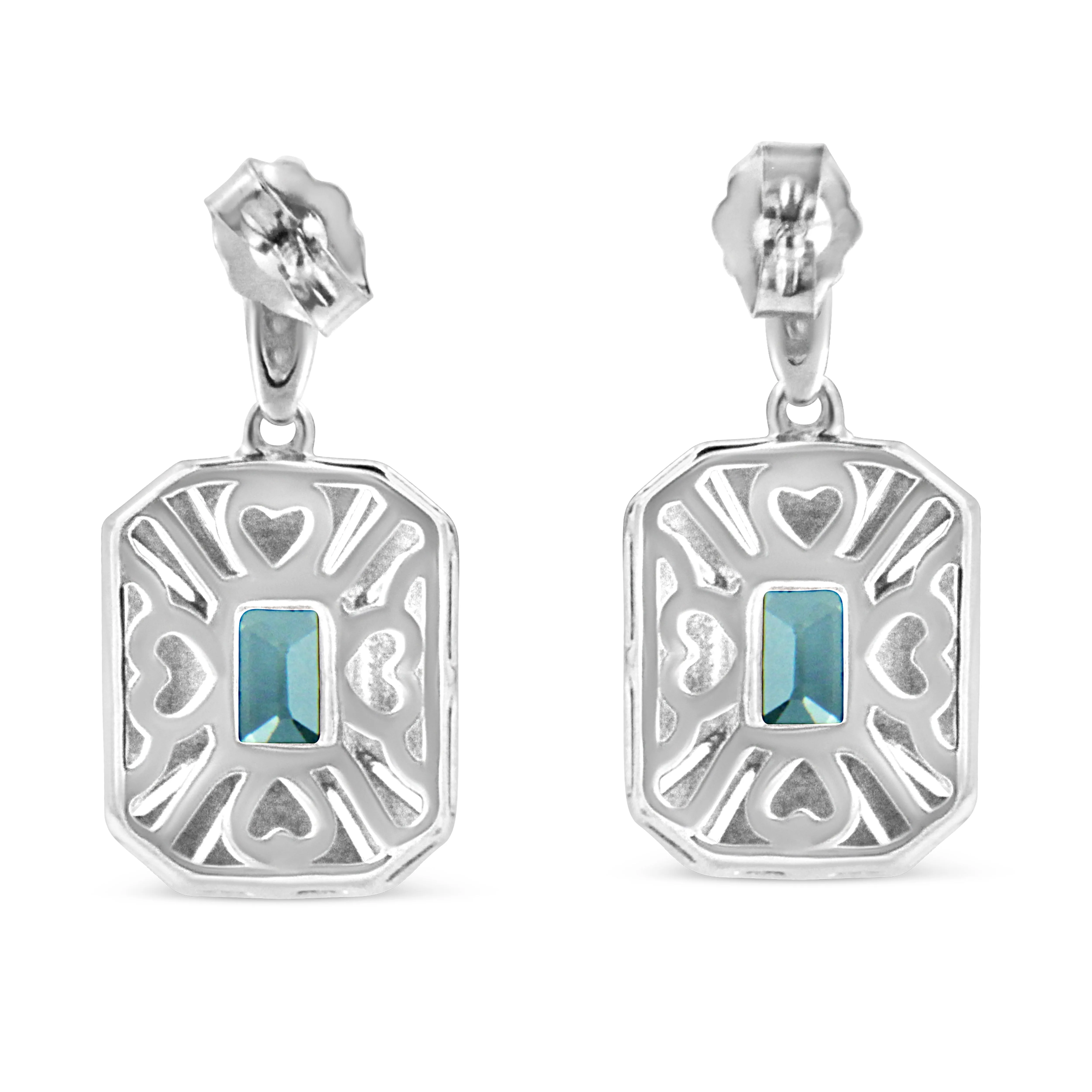 .925 Sterling Silver 7x5MM Emerald Shape Blue Topaz and Diamond Accent Art Deco Halo Style Drop and Dangle Earrings