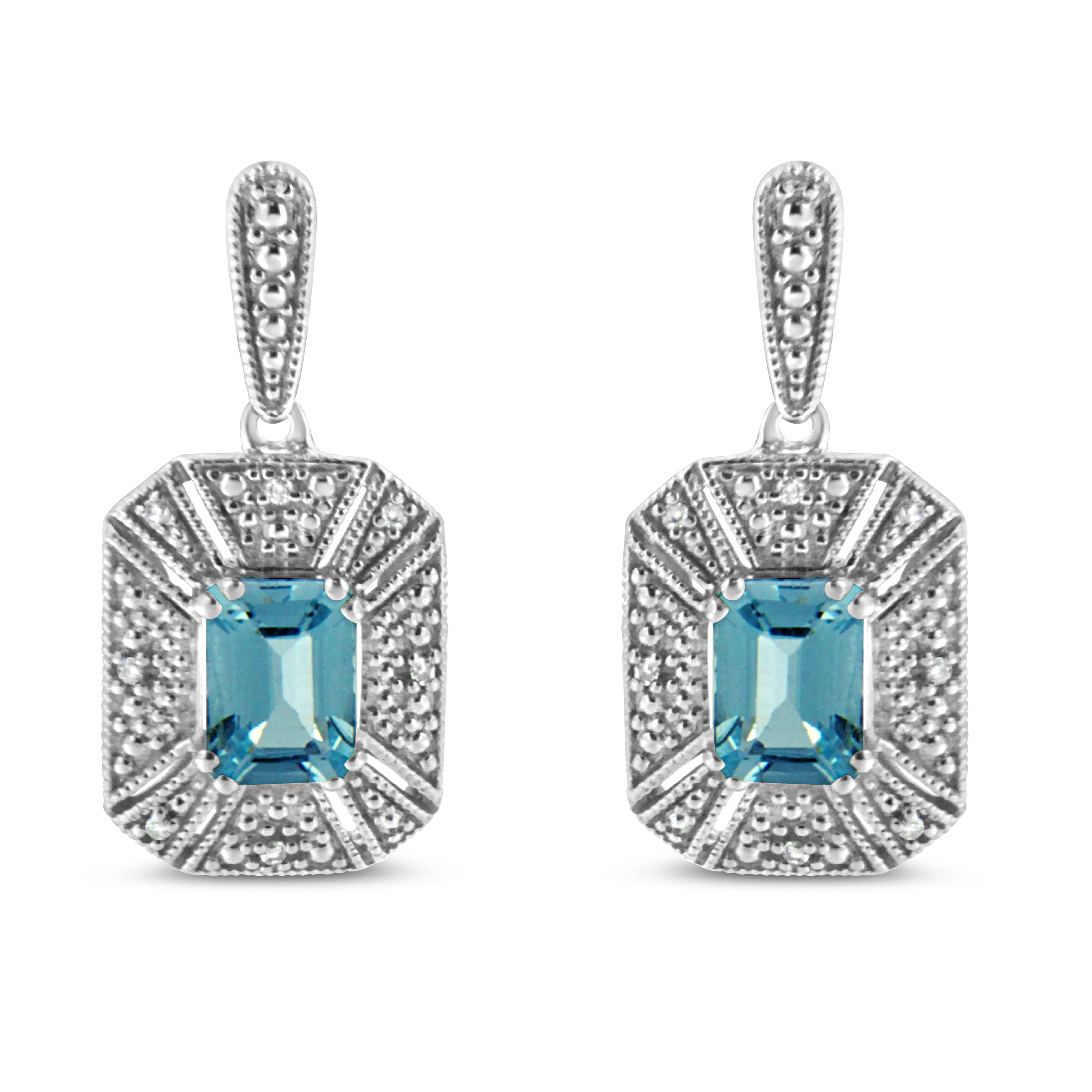 .925 Sterling Silver 7x5MM Emerald Shape Blue Topaz and Diamond Accent Art Deco Halo Style Drop and Dangle Earrings