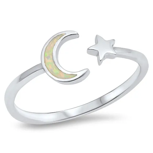 925 Sterling Silver Moon & Star Ring With Opal Inlay