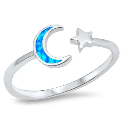 925 Sterling Silver Moon & Star Ring With Opal Inlay