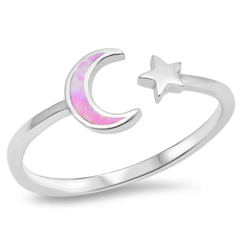 925 Sterling Silver Moon & Star Ring With Opal Inlay