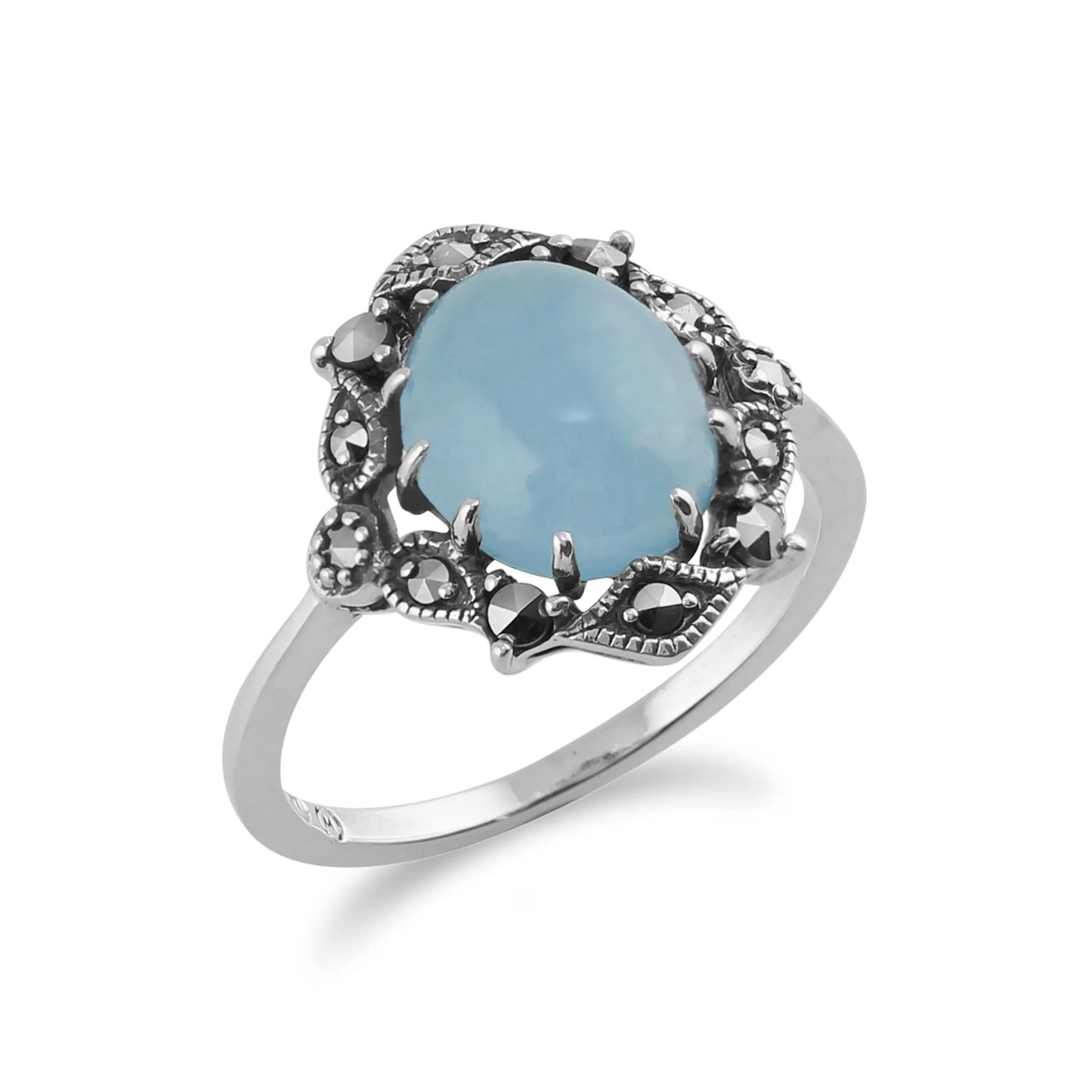 925 Sterlingsilber Jugendstil Vintage Inspired Blau Jade & Markasit Ring