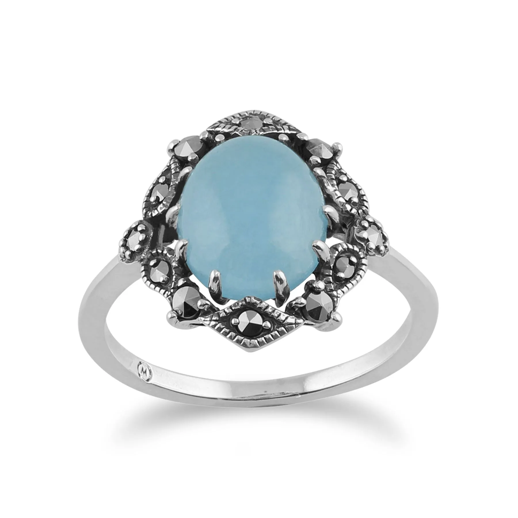 925 Sterlingsilber Jugendstil Vintage Inspired Blau Jade & Markasit Ring