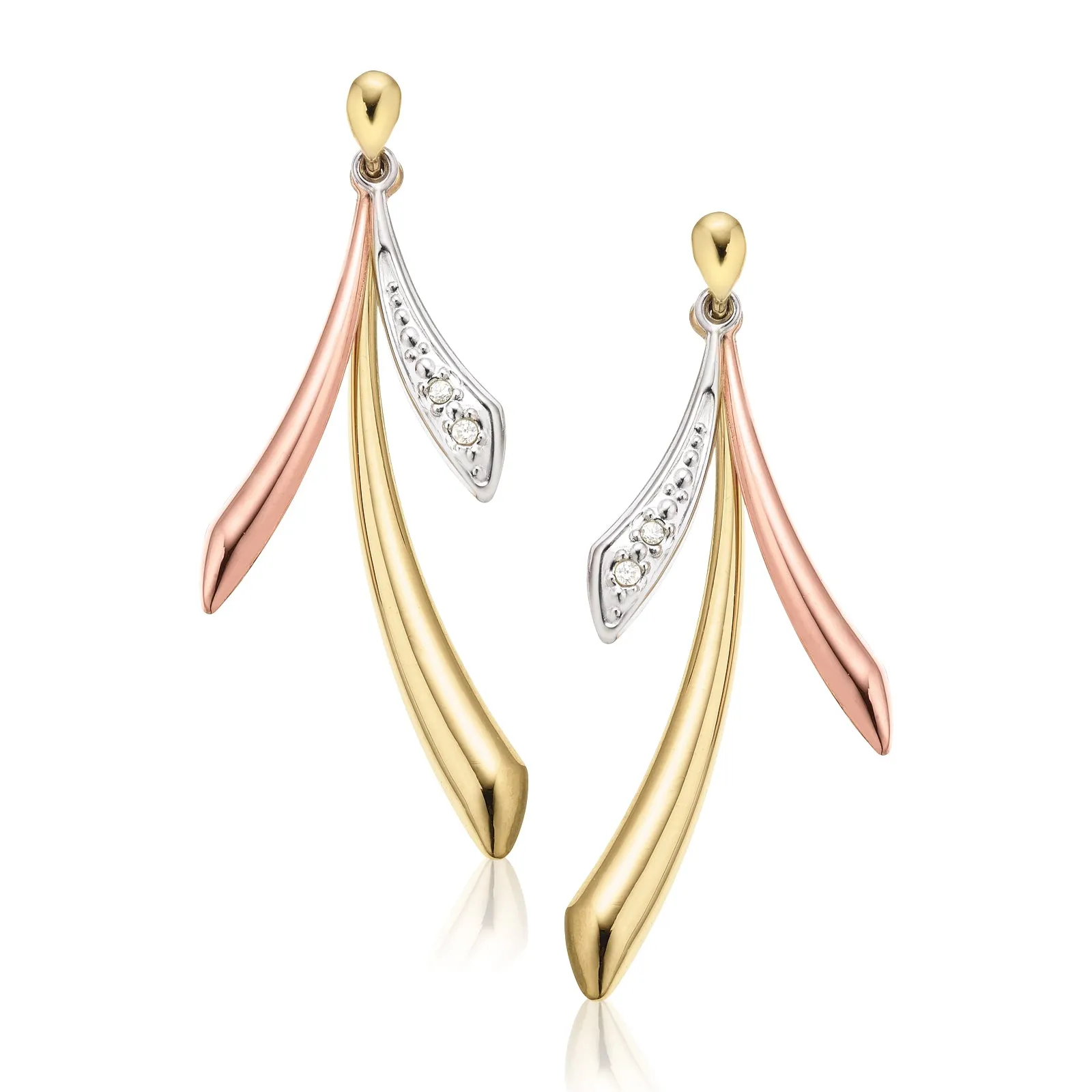 9ct Three Tone Gold & Diamond Set Drop Earrings