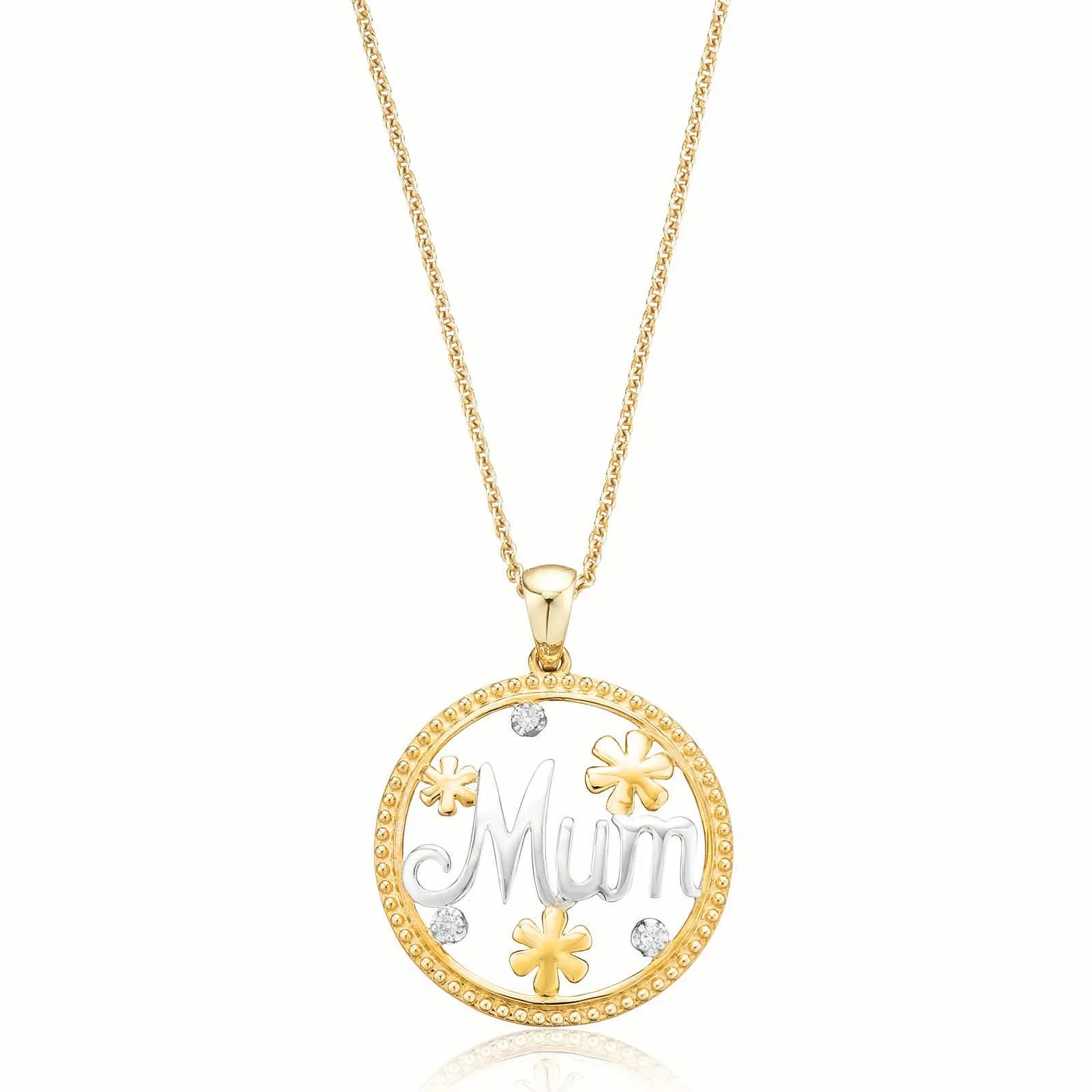 9ct Two Tone Gold Round Brilliant Cut Diamond Set Mum Pendant