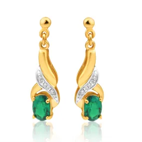 9ct Yellow Gold Created Emerald   Diamond Drop Earrings