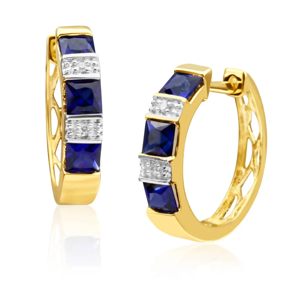 9ct Yellow Gold Created Sapphire   Diamond Hoop Earrings