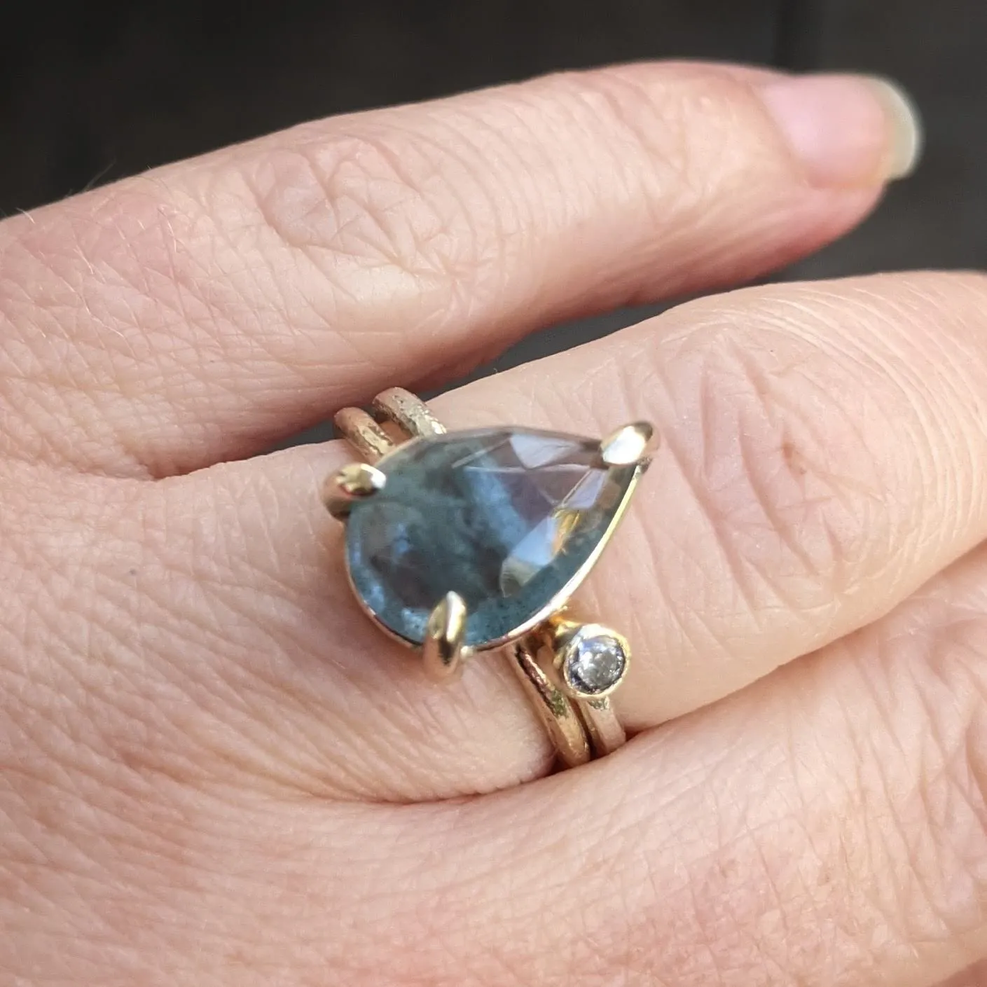 9kt Gold Ring with Pear Shape Moss Aquamarine and Salt and Pepper Diamond