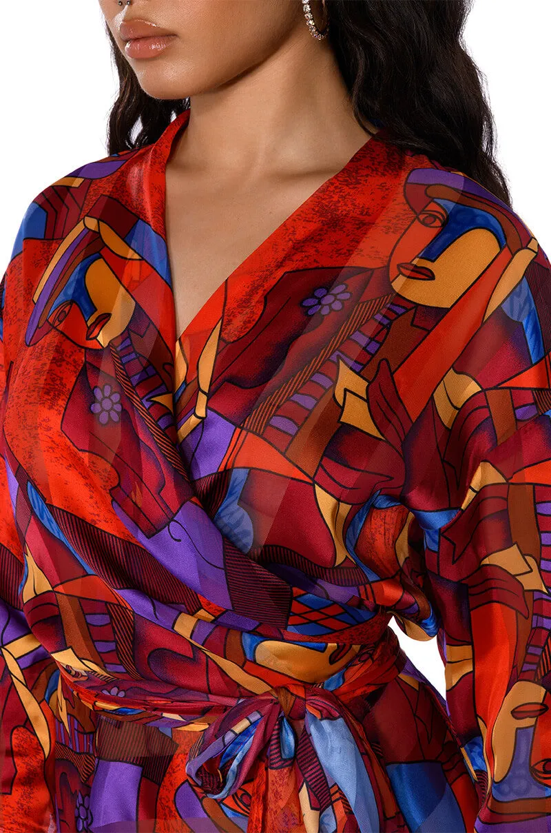 AESTHETIC SCARF PRINT TIE FRONT BLOUSE