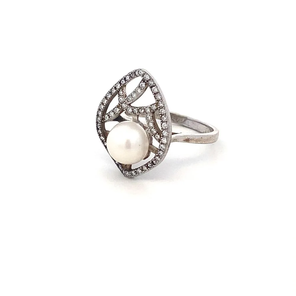 Amelia Leaf Pearl 925 Sterling Silver Engagement Ring