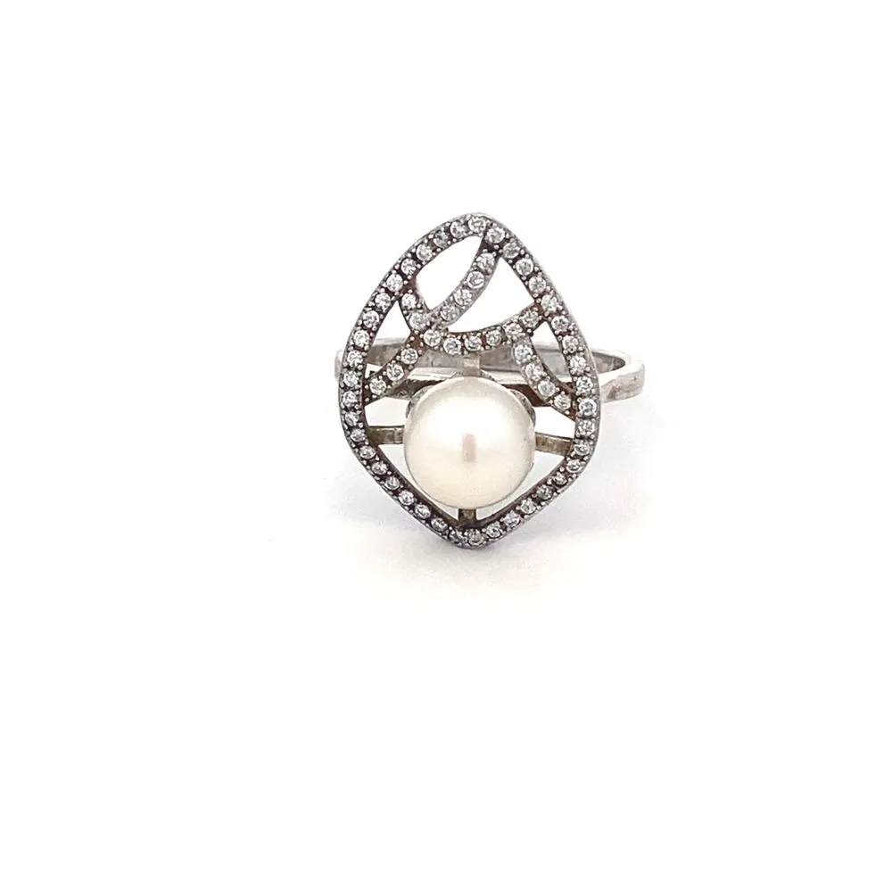 Amelia Leaf Pearl 925 Sterling Silver Engagement Ring