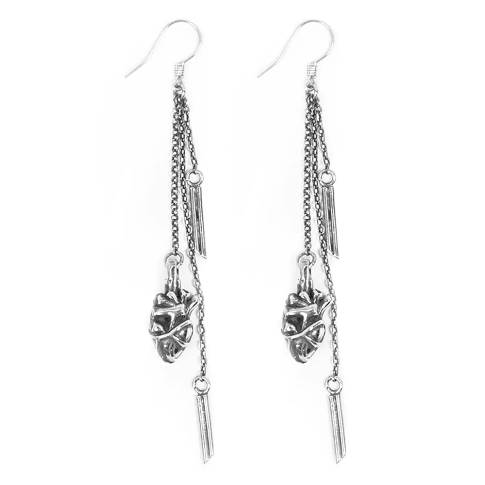 anatomical heart dangle earrings - silver