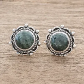 Antigua Sun Dark Green Jade Button Earrings from Guatemala