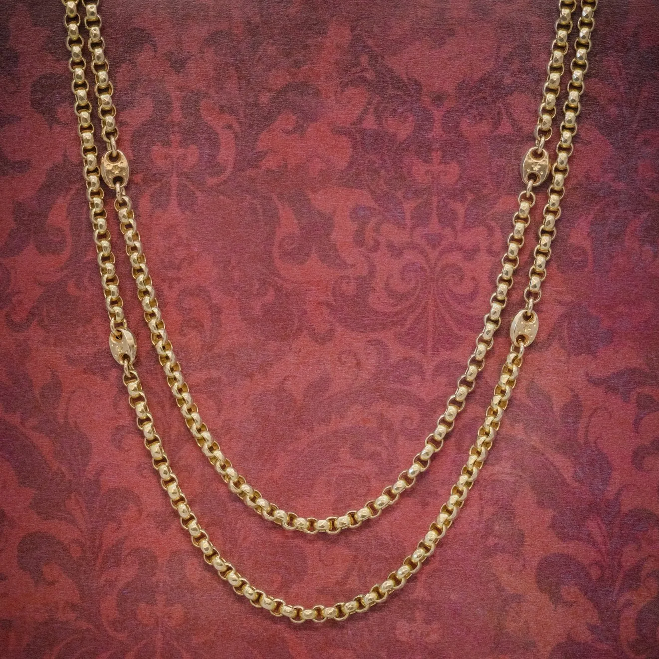 Antique Victorian Guard Chain Solid 9Ct Gold Link Necklace Circa 1880