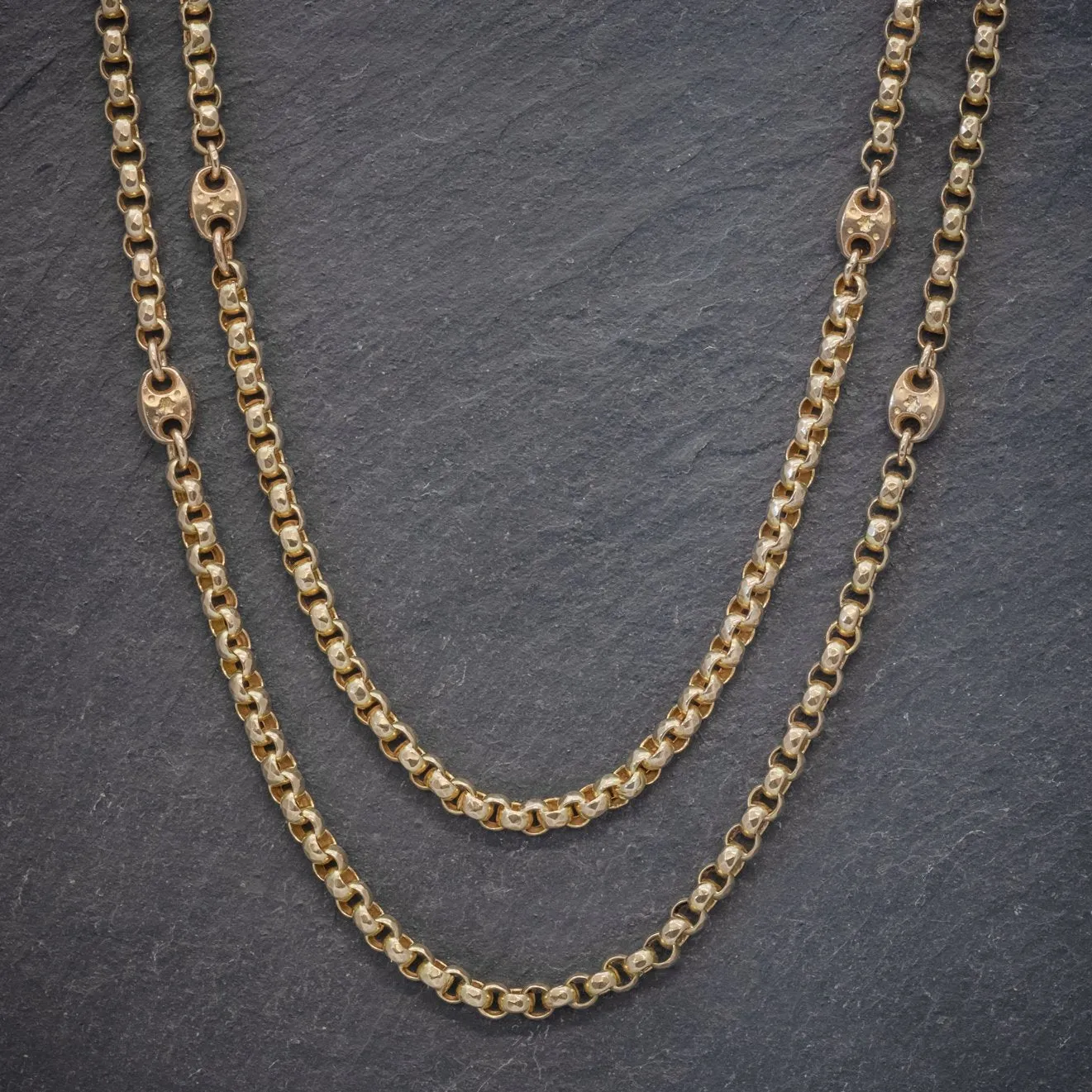 Antique Victorian Guard Chain Solid 9Ct Gold Link Necklace Circa 1880