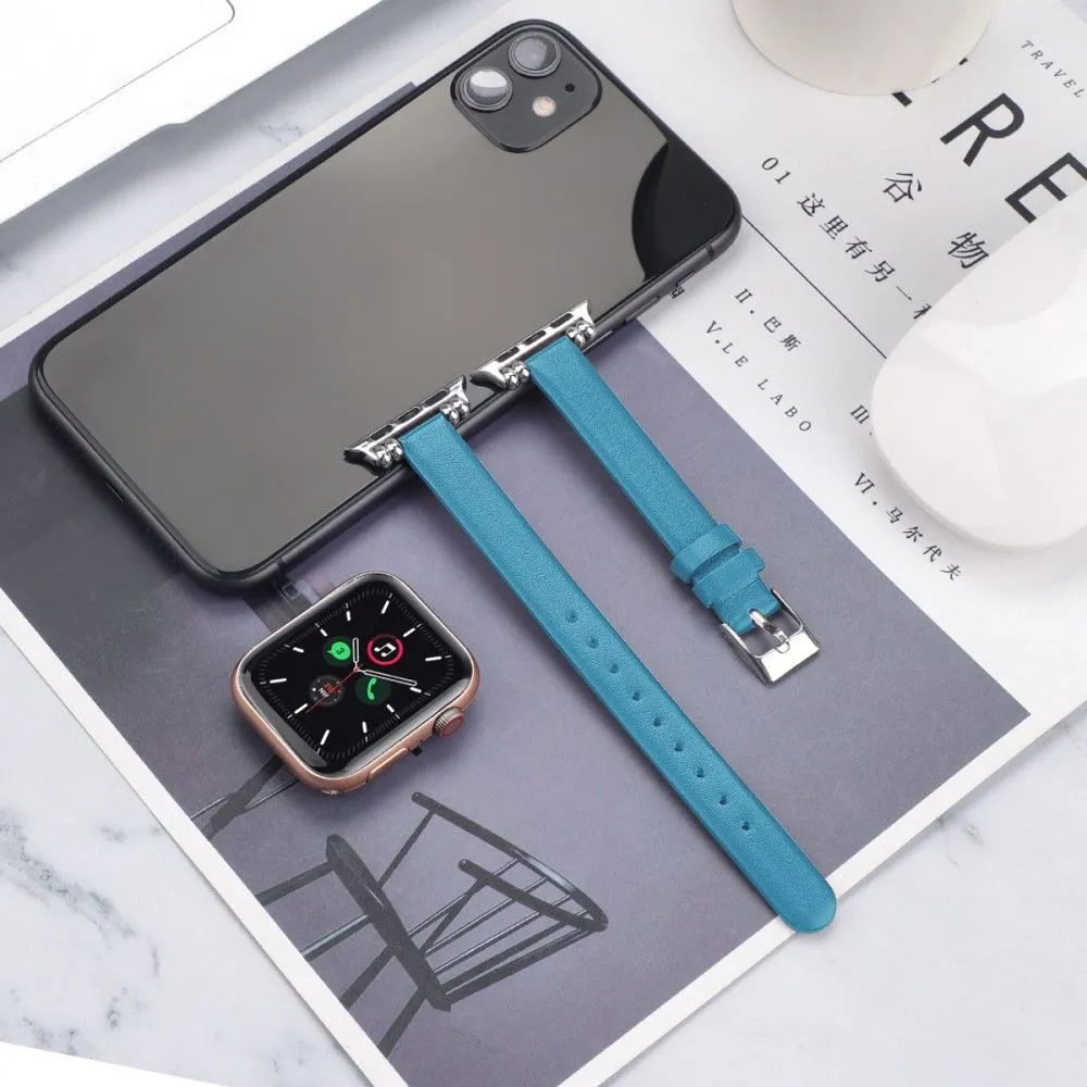 Apple Watch (45mm) simple genuine leather watch strap - Blue / Size: L