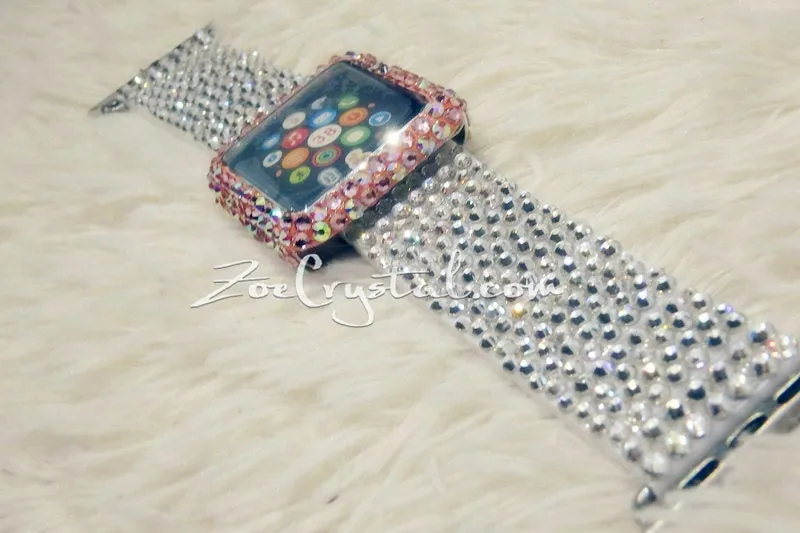 Apple Watch Bling Bedazzled Pink Mixed Ab Crystal Case Protector Cover with a Silver White Swarovski Glitter Strass Band Strap