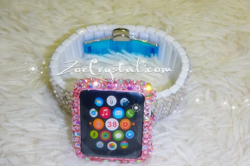 Apple Watch Bling Bedazzled Pink Mixed Ab Crystal Case Protector Cover with a Silver White Swarovski Glitter Strass Band Strap