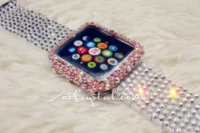 Apple Watch Bling Bedazzled Pink Mixed Ab Crystal Case Protector Cover with a Silver White Swarovski Glitter Strass Band Strap