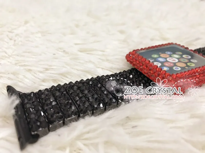 Apple Watch Bling Red Swarovski Crystal Case / Protector / Cover with a Black Rhinestone iWatch Band / Strap