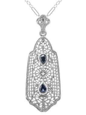 Art Deco Filigree Sapphire and Diamond Pendant Necklace in Sterling Silver