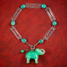 Art Deco Jade Elephant Charm Bracelet Silver