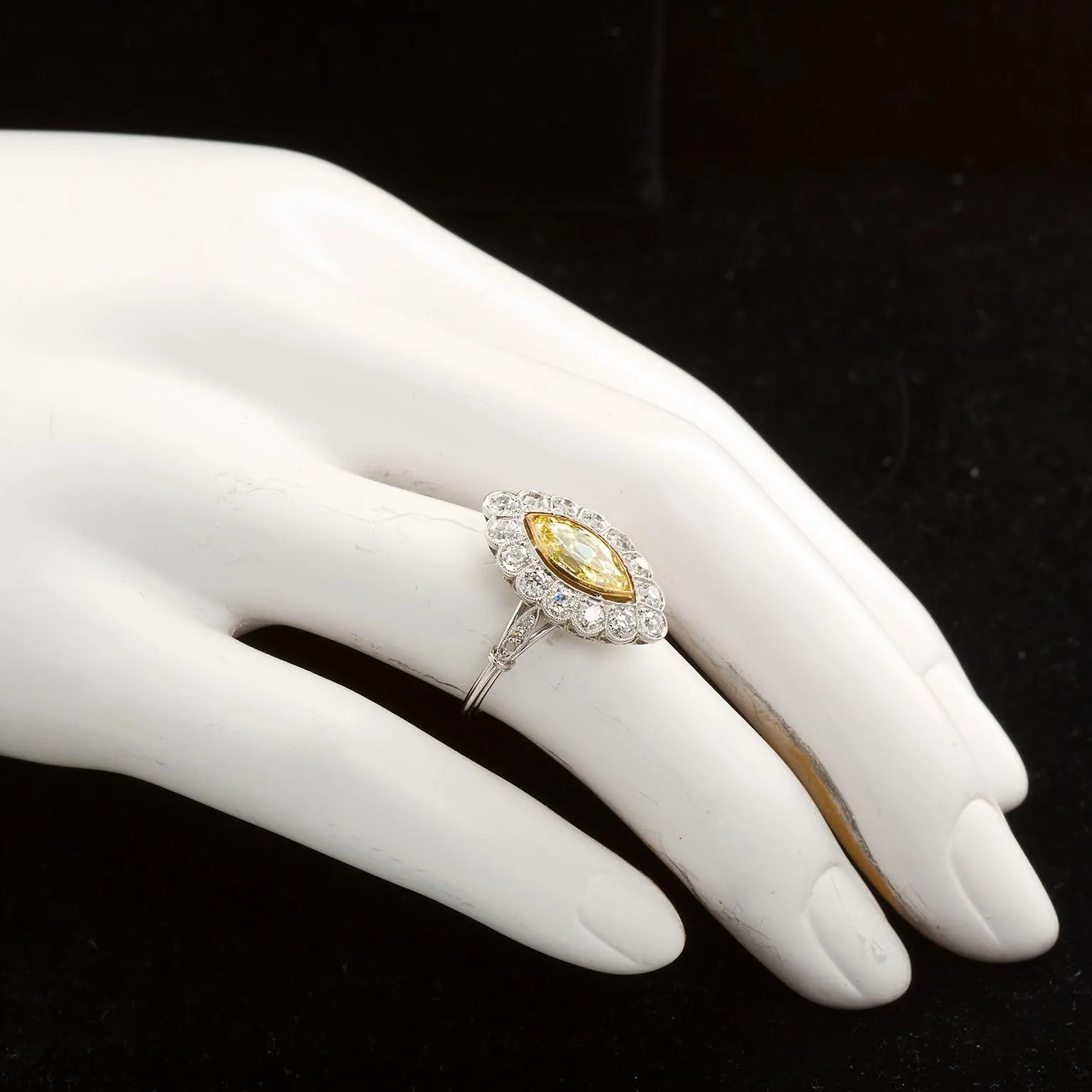 Art Deco Marquise Fancy Intense Yellow Internally Flawless Diamond Engagement Ring