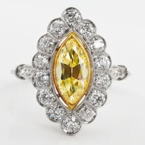 Art Deco Marquise Fancy Intense Yellow Internally Flawless Diamond Engagement Ring