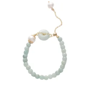 Auspicious Freshwater Pearl and Jade Bracelet with Sterling Silver Needle